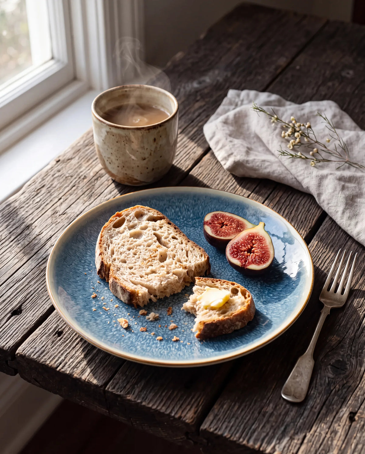 Aura bord met zuurdesembrood en vijgen op houten ontbijttafel