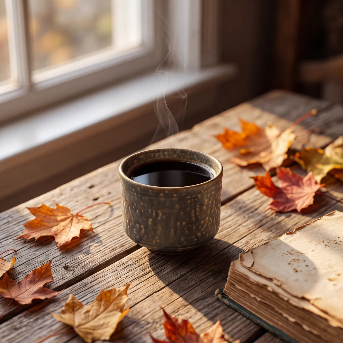 Cypress koffiekop met koffie op een houten tafel tussen herfstbladeren