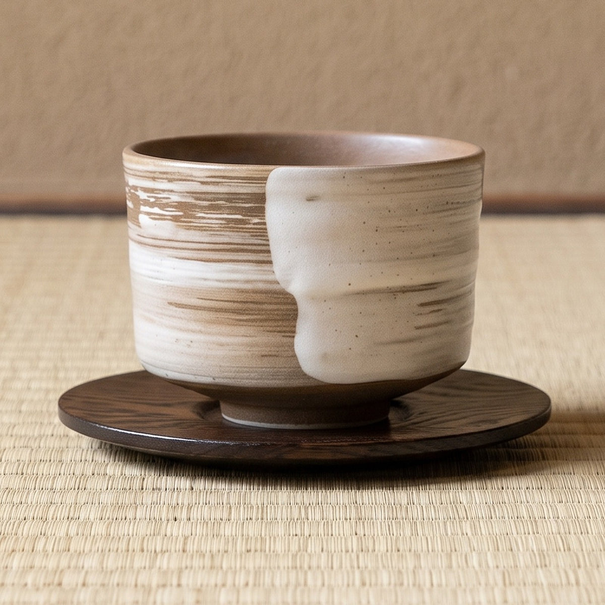 Swept Earth koffiekop op een houten onderzetter, op tatami