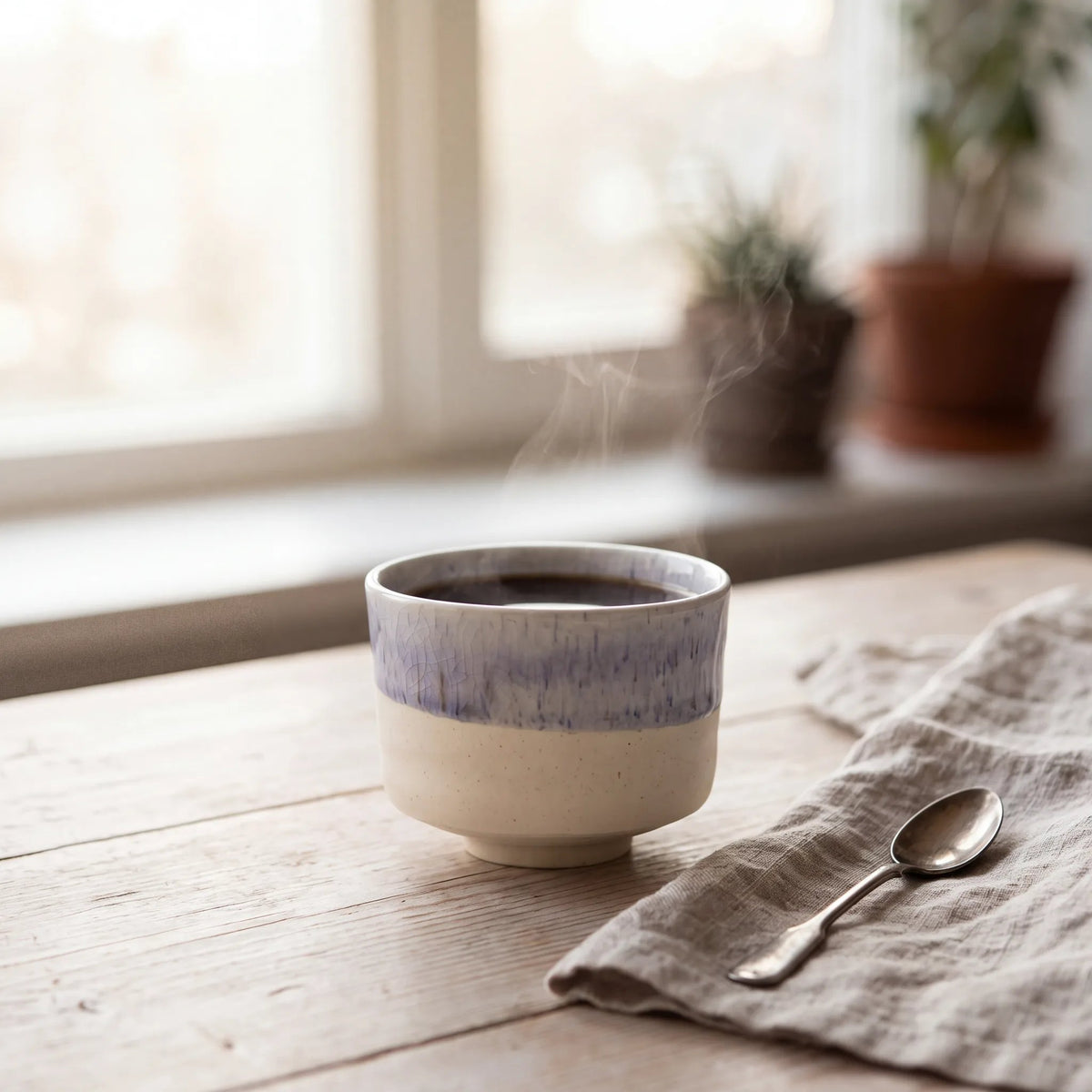 Winter Drift koffiekop met koffie op een houten tafel bij het raam, met een lepel