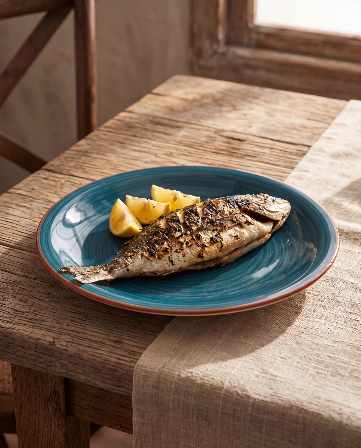Zafiro bord met gegrilde vis en citroen op houten tafel